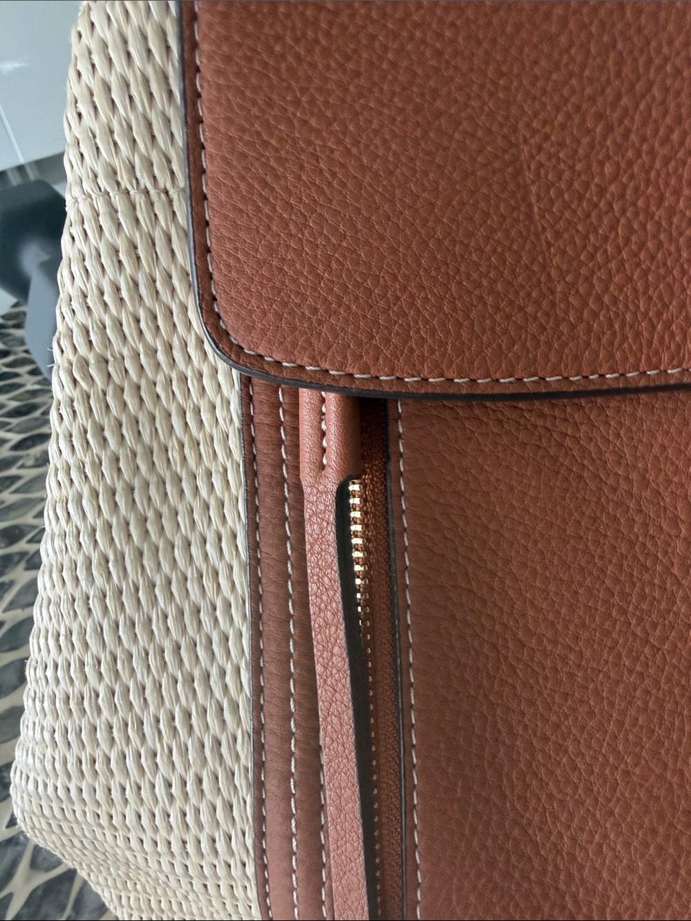 Tory Burch Cognac Leather and Cream Woven Shoulder Bag - Picture 3 of 11